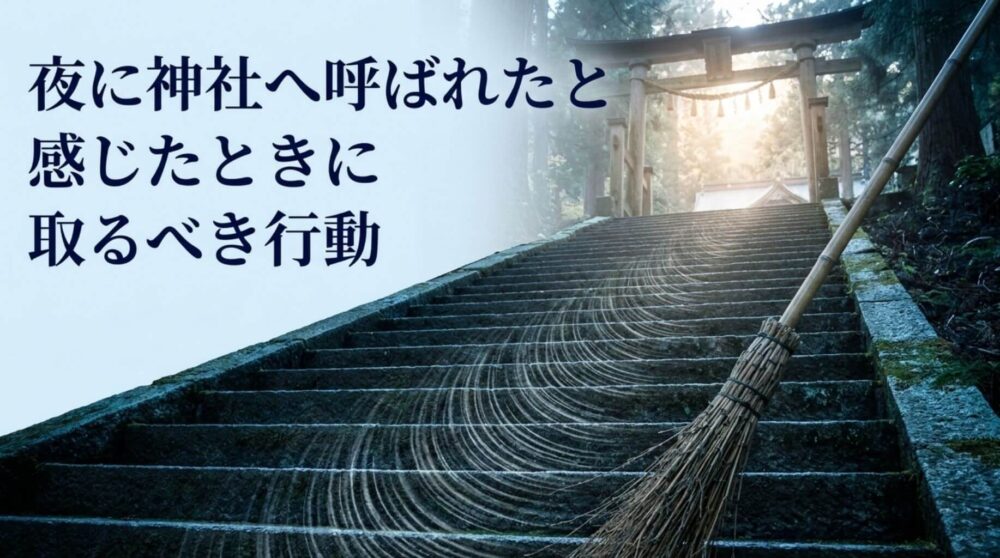 夜に神社へ呼ばれたと感じたときに取るべき行動の画像（石段と竹ぼうきと鳥居）