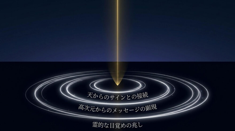 蜘蛛が目の前に降りてきたスピリチュアルな意味として、天からのサインとの接続、高次元からのメッセージの顕現、霊的な目覚めの兆しを解説した図解イラスト