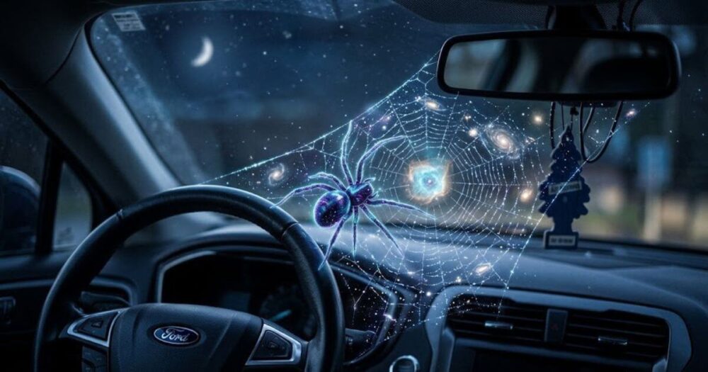 車の運転席に張られた、神秘的な紫と青の光を放つ蜘蛛の巣と、その中心にいるきらめく蜘蛛のクローズアップ。スピリチュアルな雰囲気が漂う。