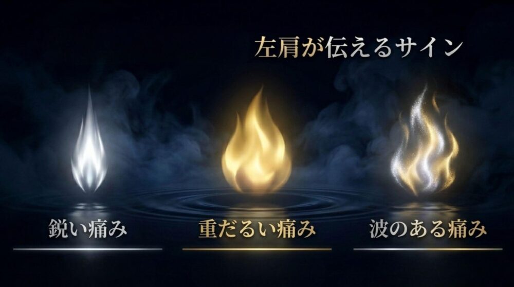 【状態・痛み方別】左肩が伝えるサインとして、鋭い痛み・重だるい痛み・波のある痛みを解説した図解イラスト
