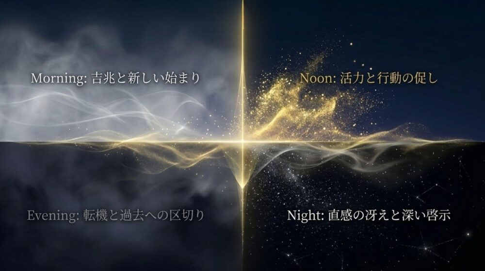 【時間帯別】朝・昼・夕・夜で変わる蜘蛛のスピリチュアルな意味として、吉兆、活力、転機、直感など時間帯ごとのメッセージをまとめた図解イラスト