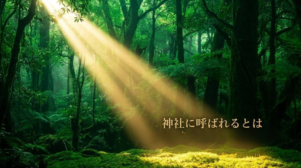 光が差し込む神秘的な森のイラストに「神社に呼ばれるとは、どういうことなのでしょうか」の文字が入った解説画像