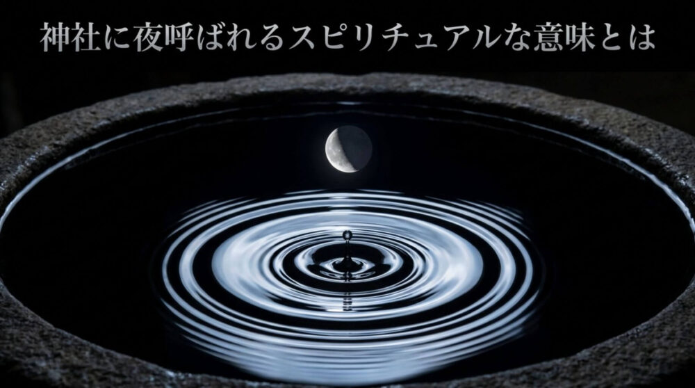 神社に夜呼ばれるスピリチュアルな意味とはというテキストが含まれた、水面に映る月と波紋の画像