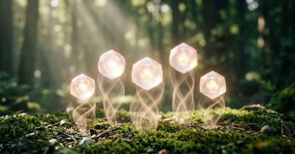 自分に合う土地のスピリチュアルな特徴を示す、幻想的な光の玉と自然エネルギー。