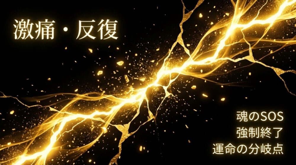 激痛・反復を伴う魂のSOS、強制終了、運命の分岐点を説明する図解イラスト