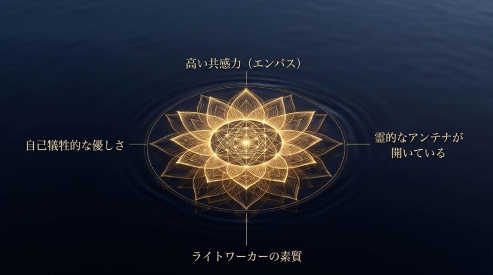 ライトワーカーの素質や高い共感力（エンパス）などの特徴を解説した図解イラスト