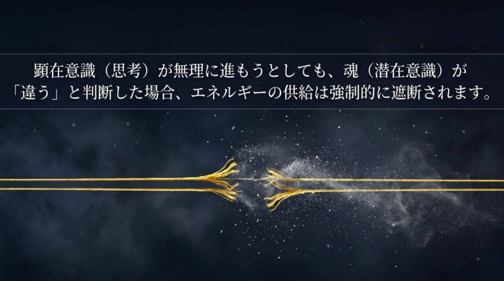 魂の転換期に現れるサインとして、顕在意識と潜在意識の不一致によるエネルギー強制遮断を説明する図解イラスト