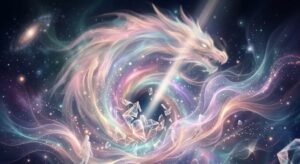 龍神の試練を象徴する、抽象的で巨大な宇宙のエネルギー渦の中に浮かぶ、複雑な結晶体と壊れた破片の風景