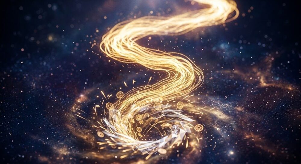 お金が入ってくる前兆を示す、金色の渦巻く光のエネルギーと宇宙のサインの抽象アート。
