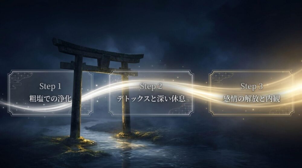 左肩が痛いときの浄化対処法として、粗塩・デトックス・感情の解放の3ステップを解説した図解イラスト