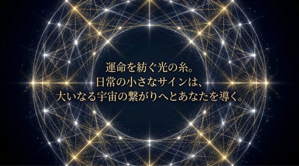 幾何学的な光の網のイラストに「運命を紡ぐ光の糸。日常の小さなサインは、大なる宇宙の繋がりへとあなたを導く。」と書かれたまとめ画像