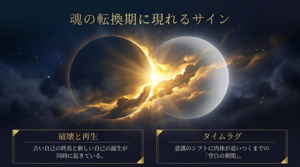 怠けてるるだけかもと自分を責めている人へ向けた魂の転換期に現れるサインとして、破壊と再生やタイムラグを説明する図解イラスト