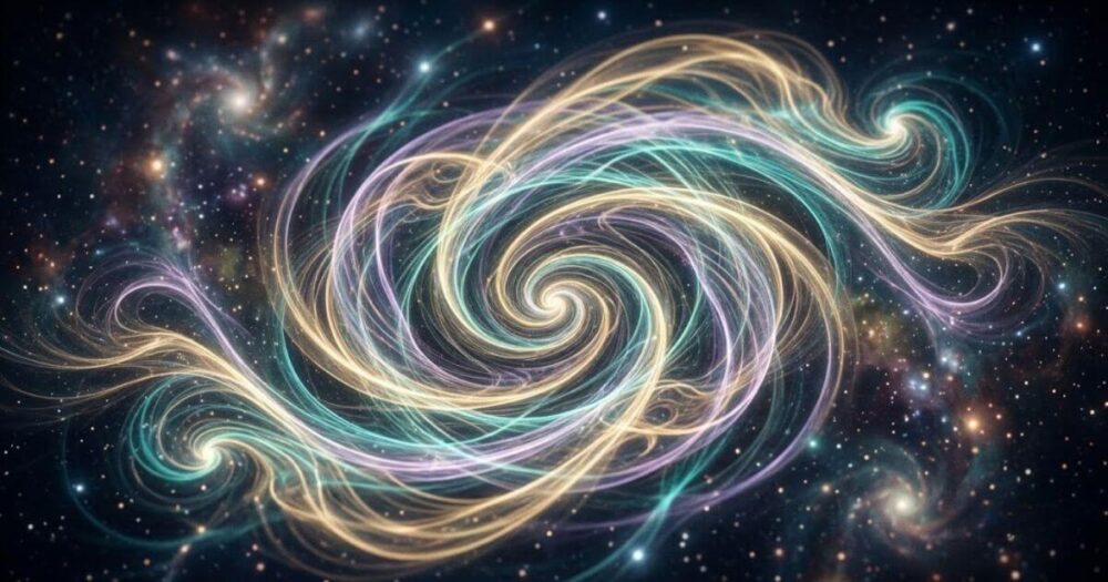 声が好きなスピリチュアルな意味を表現した、宇宙的な光とエネルギーの波が奏でるハーモニーの抽象画。