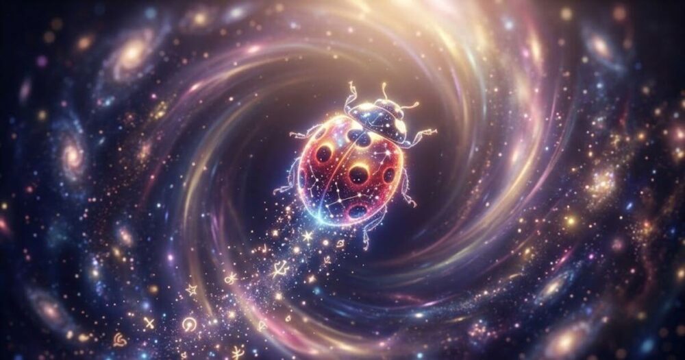 てんとう虫のスピリチュアルな意味を象徴する、輝く星空と天道虫の幻想的なイラスト
