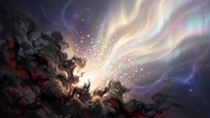 生き霊のお祓いと浄化を象徴する、暗いエネルギーから温かな光へと変わる幻想的な抽象イメージ