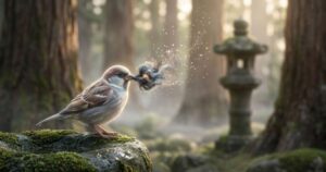 霧深い森の中で、苔むした岩の上に止まったスズメが、小さな黒い塊から光る粒子を飛び散らせながらくわえている様子を描いた幻想的な写真。背景には石灯籠が見える。