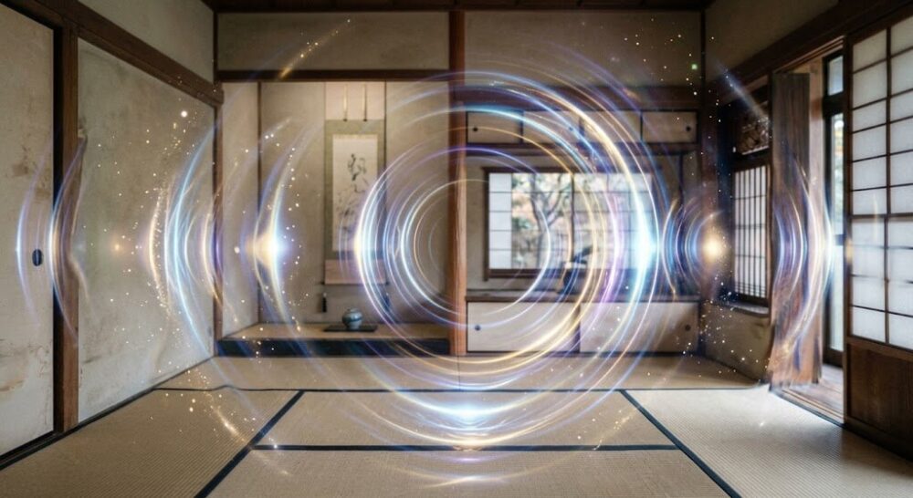 日本の和室で部屋がパキパキ音がする、スピリチュアルな意味を表現した、抽象的なエネルギーの波紋と光