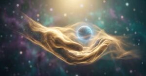 手が温かい人のスピリチュアルな意味を表現した、宇宙の光とエネルギーが織りなす癒やしの手と魂の抽象的なイメージ図。