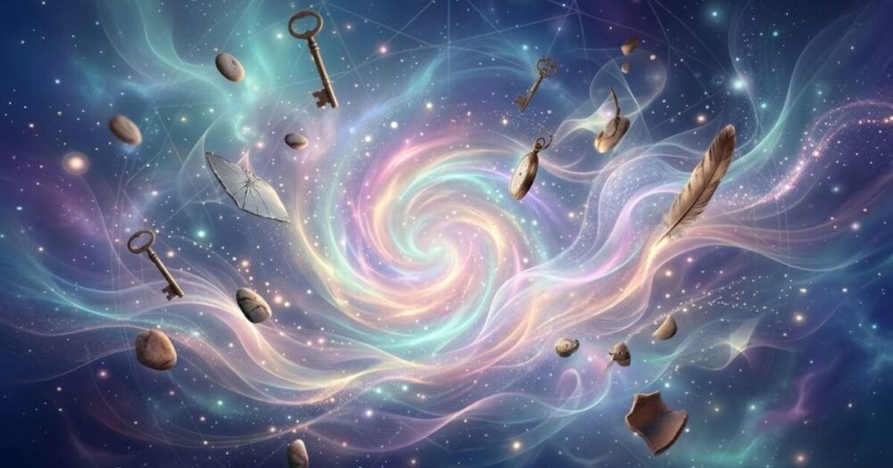 宇宙の渦から落ちる様々な象徴的なオブジェクトが、スピリチュアルな意味と吉凶を表す抽象的なアート画像