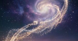 パステルカラーのエーテル的な宇宙エネルギーが渦を巻く、神秘的な星雲。ネックレスを無くしたスピリチュアルな変容を象徴する。