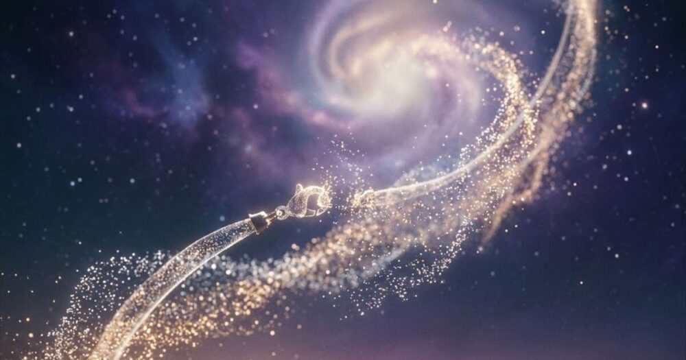 パステルカラーのエーテル的な宇宙エネルギーが渦を巻く、神秘的な星雲。ネックレスを無くしたスピリチュアルな変容を象徴する。